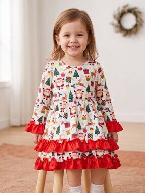 NWOT | Toddler Girls Christmas Santa Reindeer Ruffle Tiered Holiday Dress | 3T
